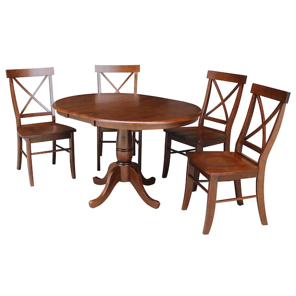 International Concepts Round 36 in Rd Top Pedestal Ext Table, 12 in Leaf And 4 X-Back Chairs, Espresso, 36 W, 48 L, Wood K581-36RXT-C613-4 - main